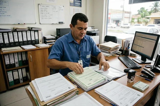 Despachante revisando documentos para licenciamento de veículo.