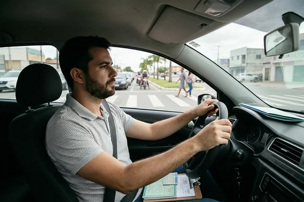 Motorista dirigindo respeitando sinais de trânsito em Caucaia.
