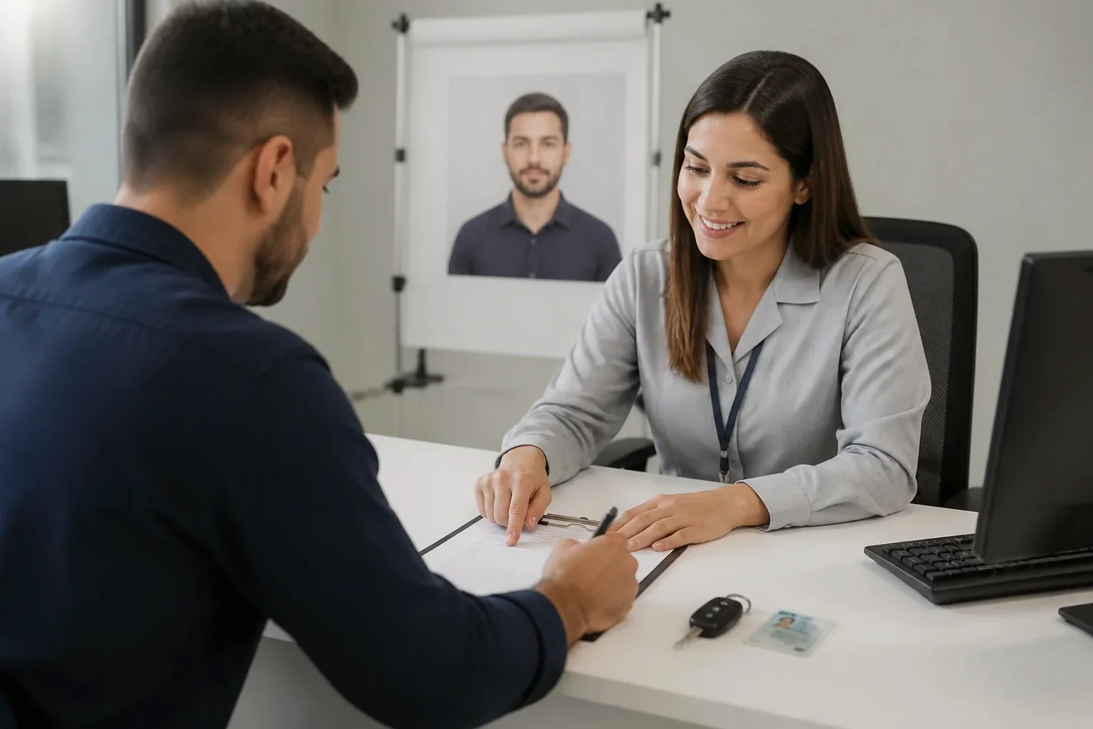 Profissional ajudando cliente com documentação para renovação de CNH.